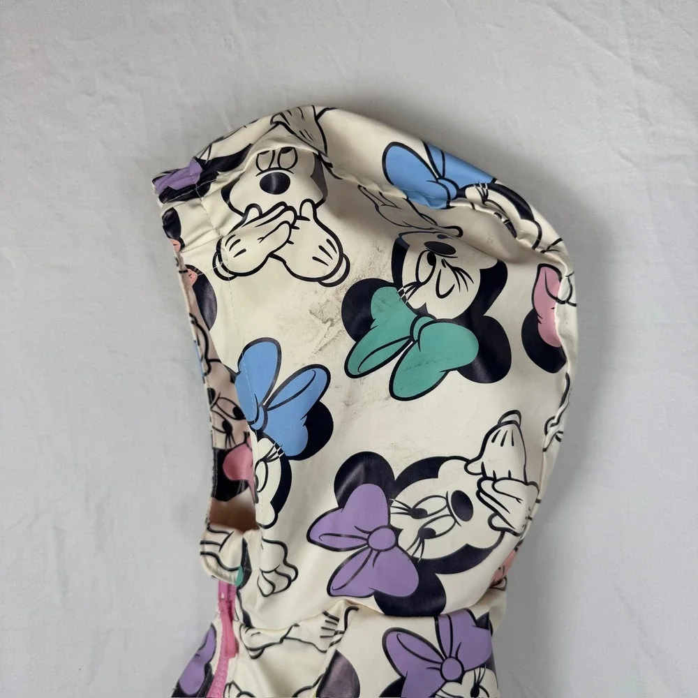 Disney Minnie Mouse Girls Hooded Rain Jacket Windbreaker White Pink Size 5/6